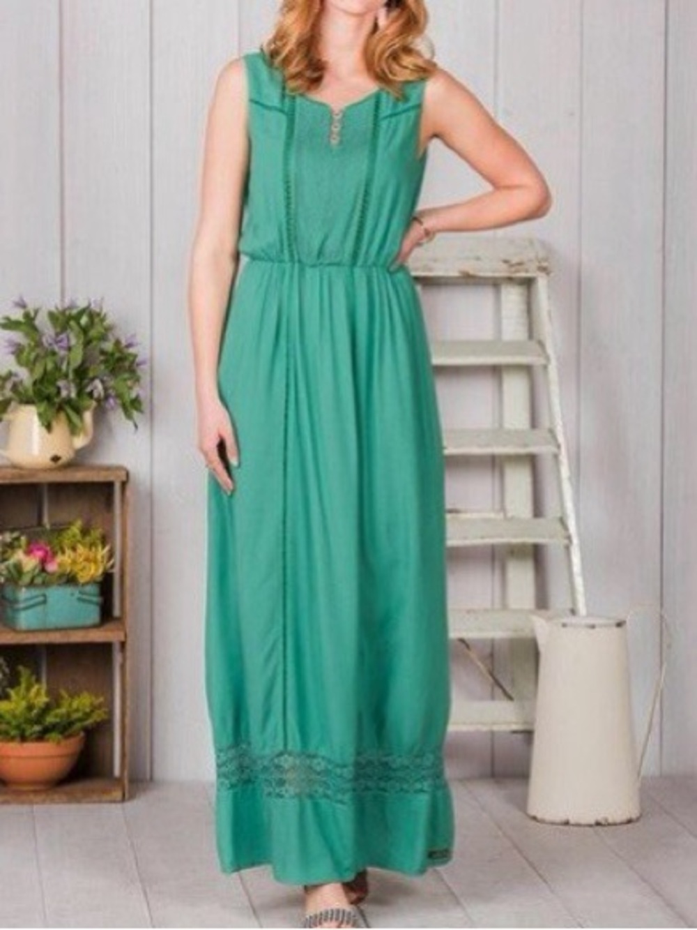 Matilda Jane Down in the Valley Maxi Dress XS Green Boho Lace Hem Sleeveless